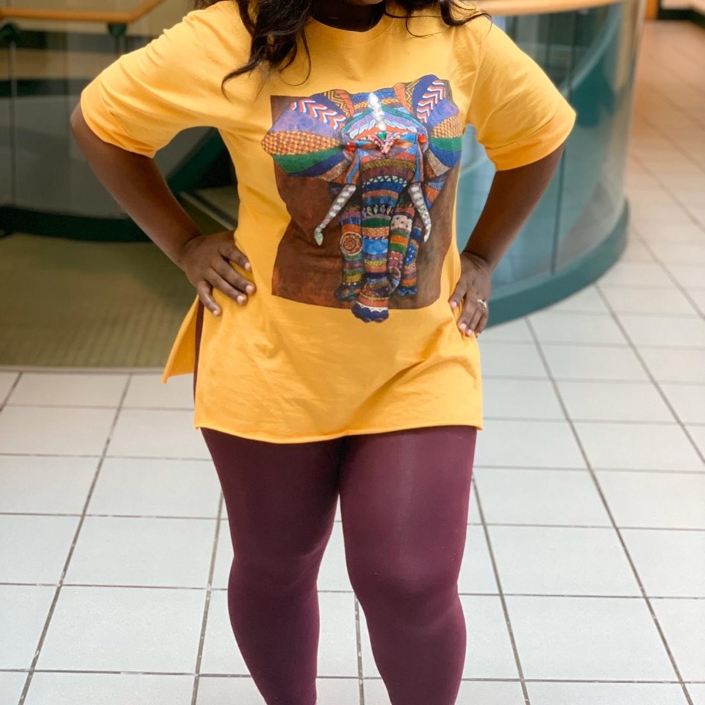 NWT: Elephants pattern mustard yellow shirt